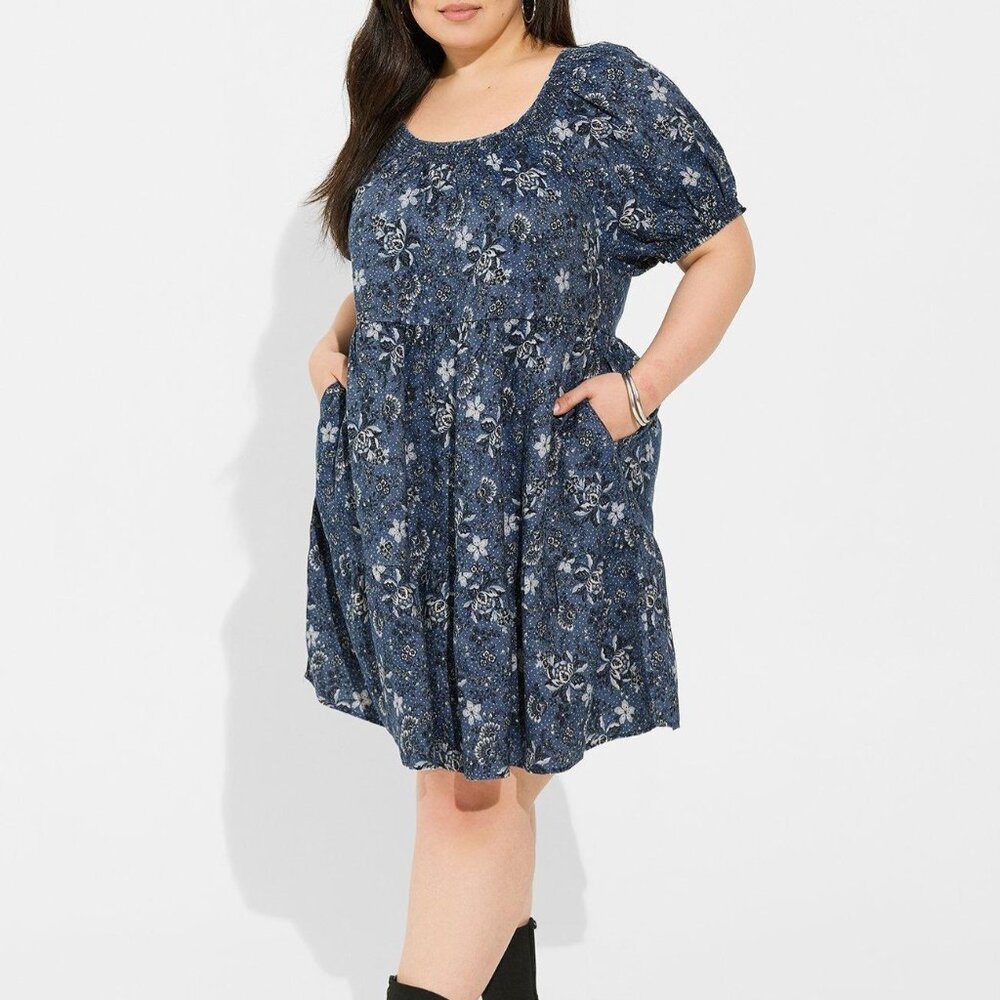 ❤️NWT TORRID FLORAL MINI DRESS - PUFF SLEEVE CHAMBRAY, POCKETS - SIZE 3X